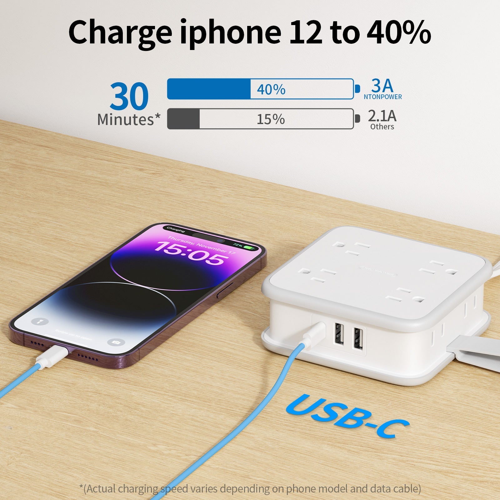 PowerNest Power Cube 8 Outlets 3 USB Ports Flat Cord