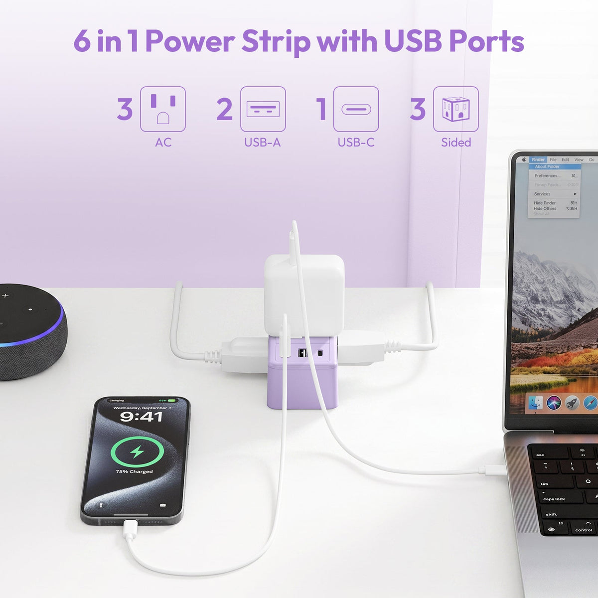 PowerNest Double Extension Cord 12 FT Purple Power Strip 3 Outlets 2 USB A 1 Type C