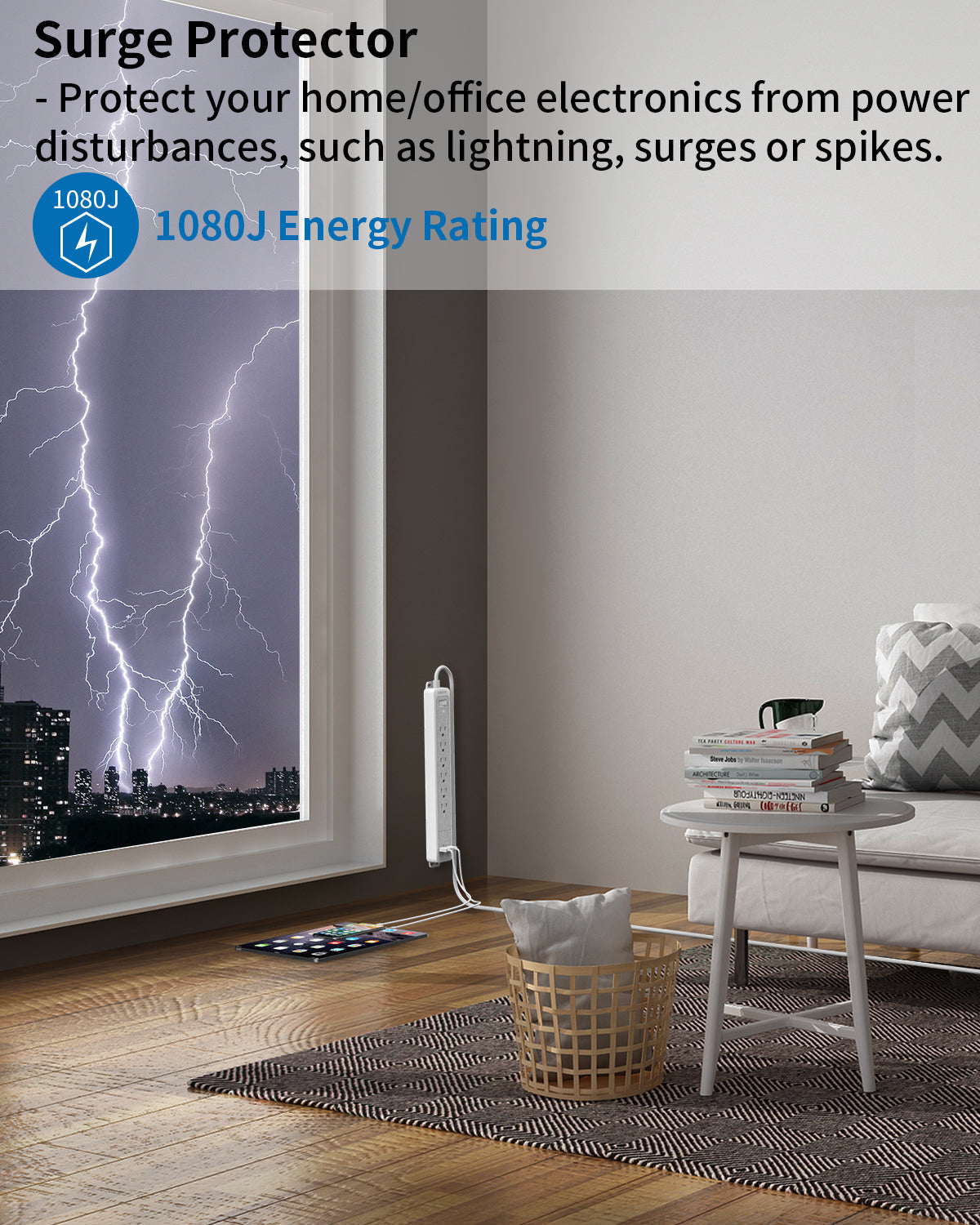 PowerNest 1080J Surge Basic Power Strip 6 Outlets 2 USB