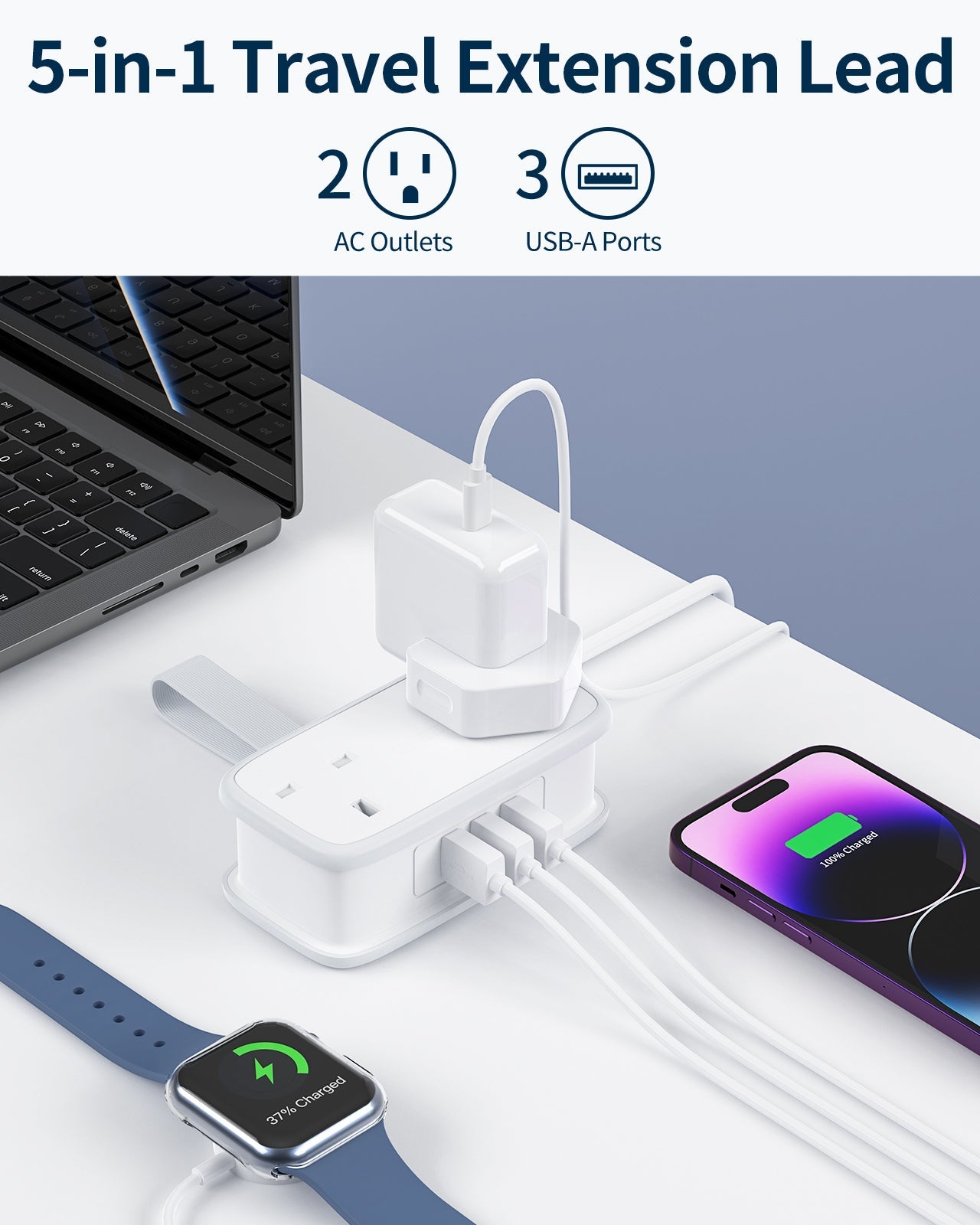 PowerNest UK Pocket Power Strip 2 Outlets 3 USB Travel & Cruise