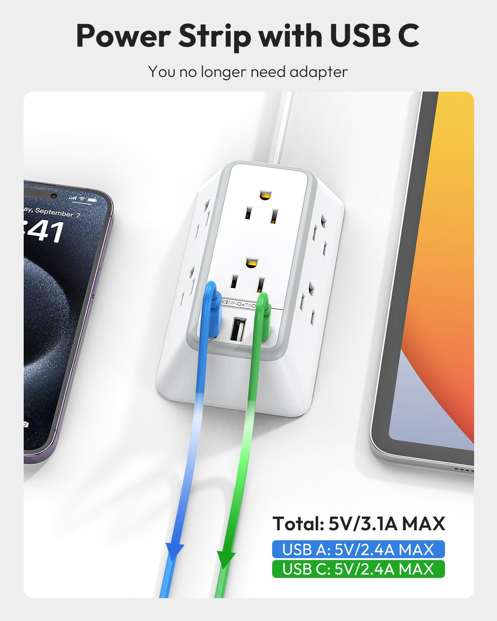 PowerNest 3-Sided Power Strip 6 Outlets 2 USB-A 1 USB-C