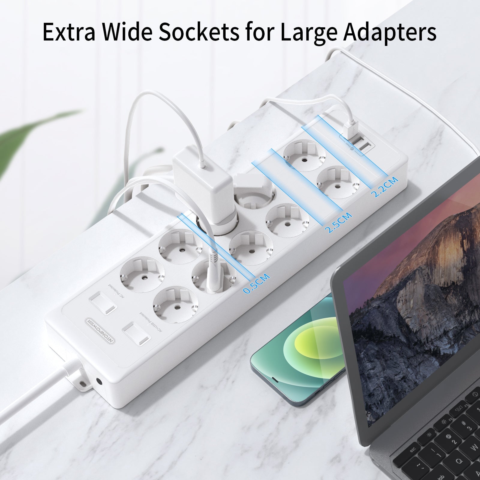 PowerNest EU Surge Protection Power Strip 10 Outlets 3 USB-A