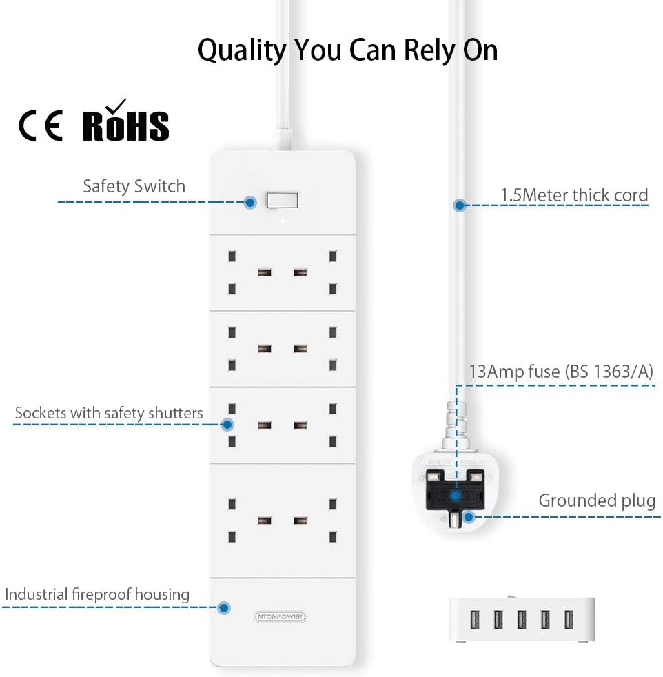 PowerNest UK Surge Protector 8 Outlets 5 USB Ports