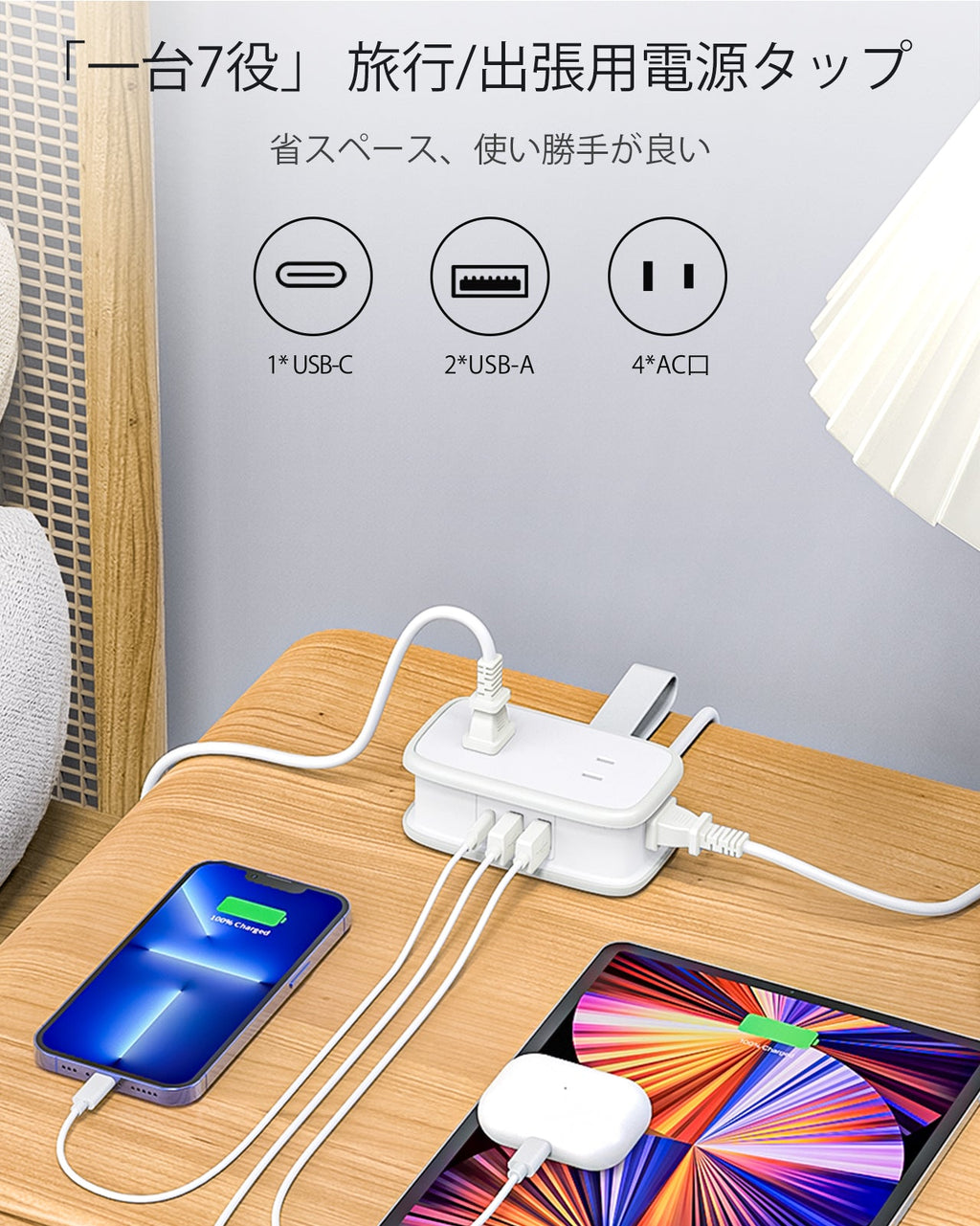 PowerNest New JP Pocket Power Strip 4 Outlets 2 USB-A 1 USB-C