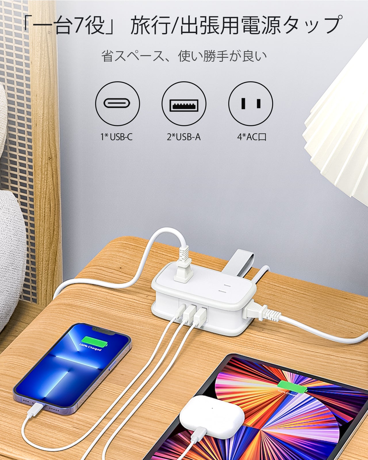PowerNest New JP Pocket Power Strip 4 Outlets 2 USB-A 1 USB-C