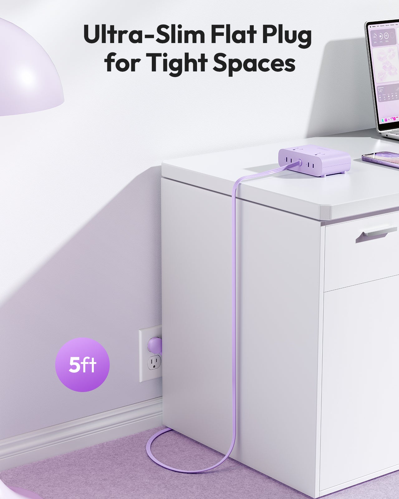 PowerNest Purple Power Strip 4 Outlets 2 USB-A 2 Type C
