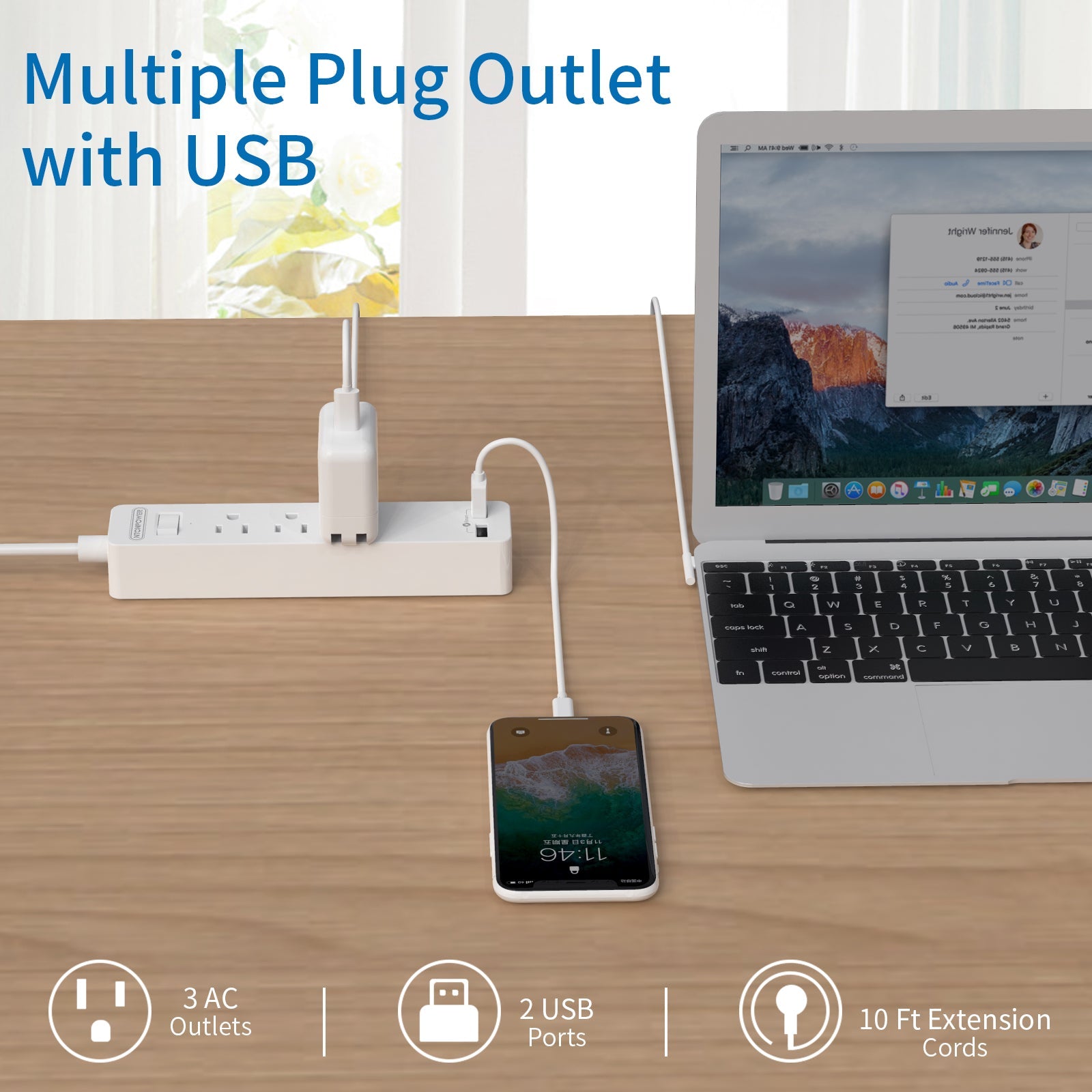 PowerNest Power Strip 3 Outlets 2 USB  Flat Cord