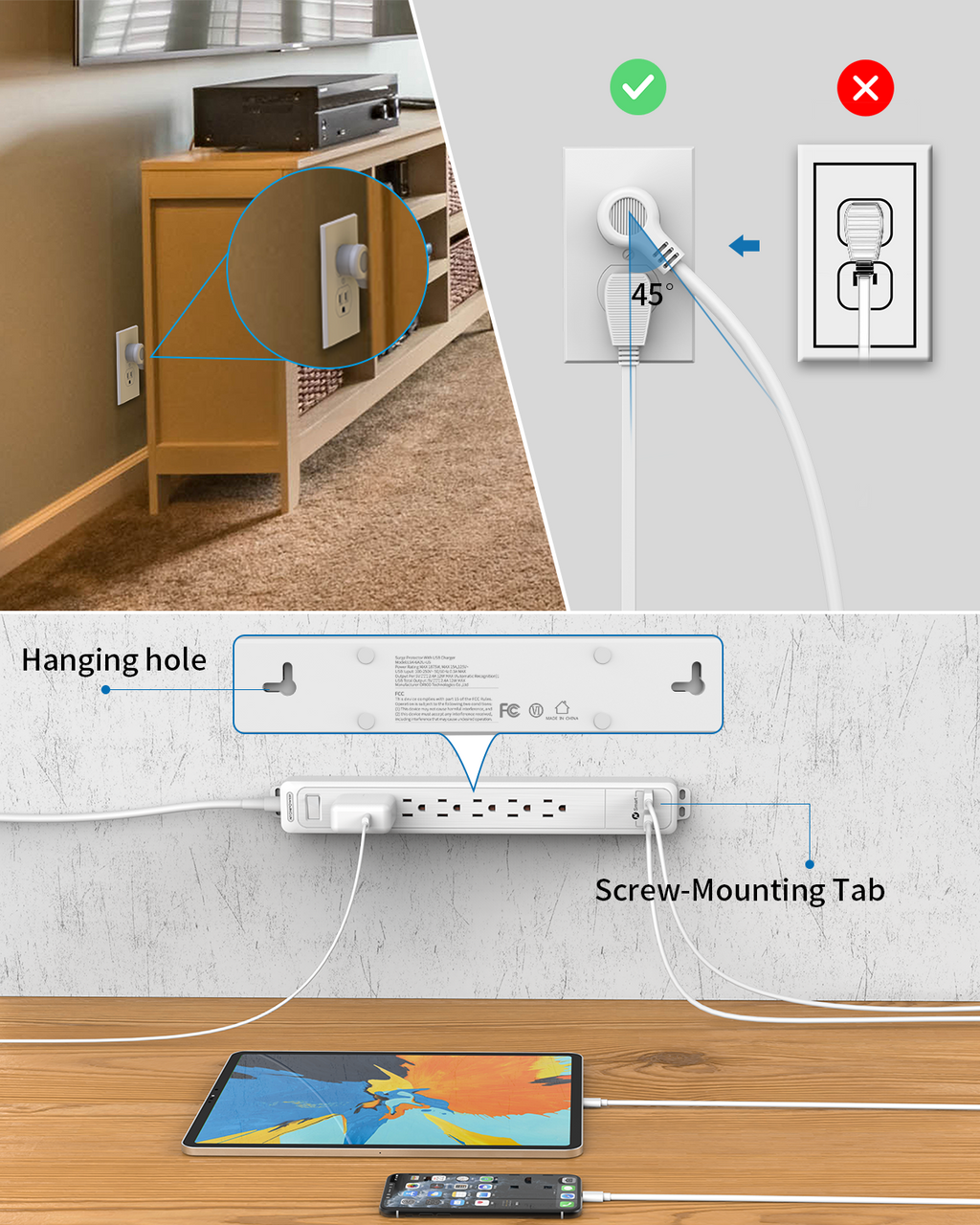 PowerNest 1080J Surge Basic Power Strip 6 Outlets 2 USB