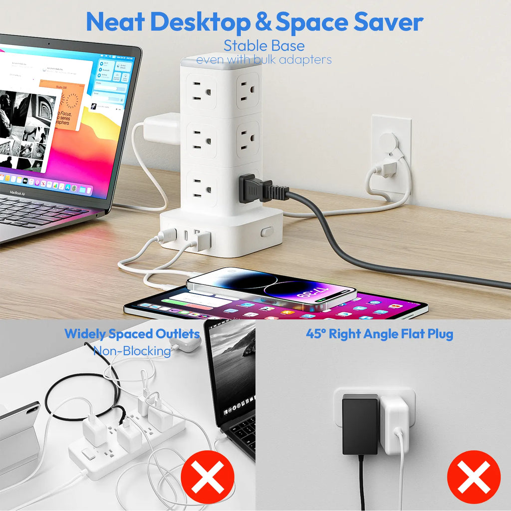 PowerNest New Surge Protector Power Strip Tower 12 Outlets 2 USB-A 2 USB-C