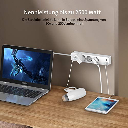 PowerNest EU Power Strip 3 Socket 2 USB Overvoltage Protection