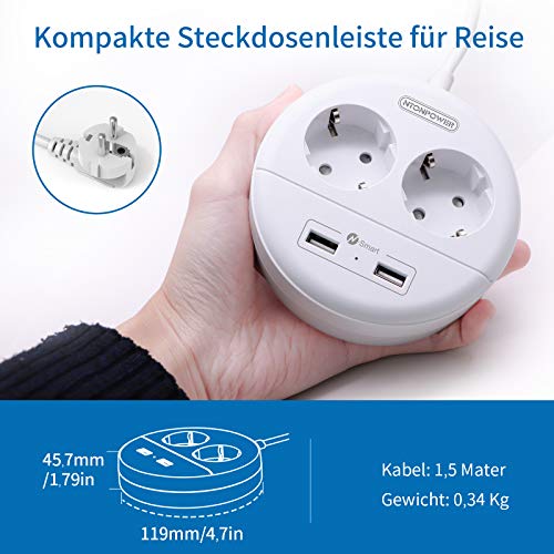 PowerNest EU Power Strip 2 Sockets 2 USB Small&Travel