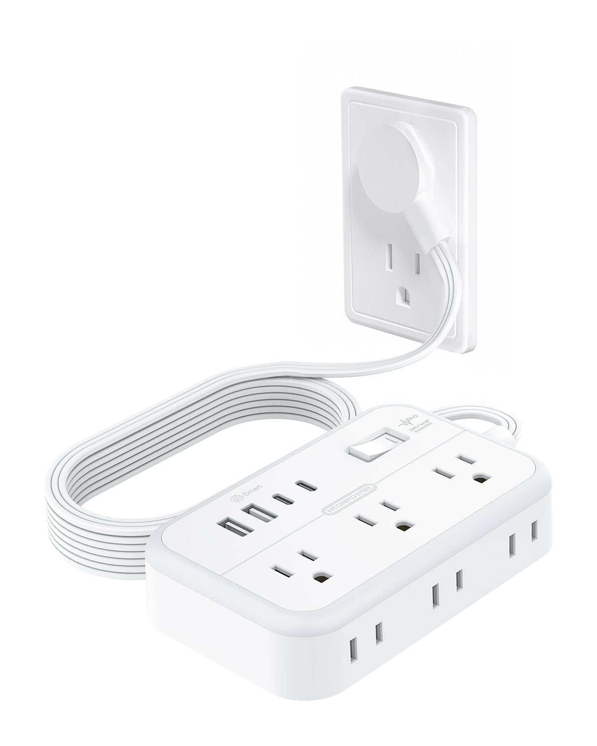 PowerNest New Surge Basic Power Strip 6 Outlets 2 USB 2 TYPE-C Flat Cord