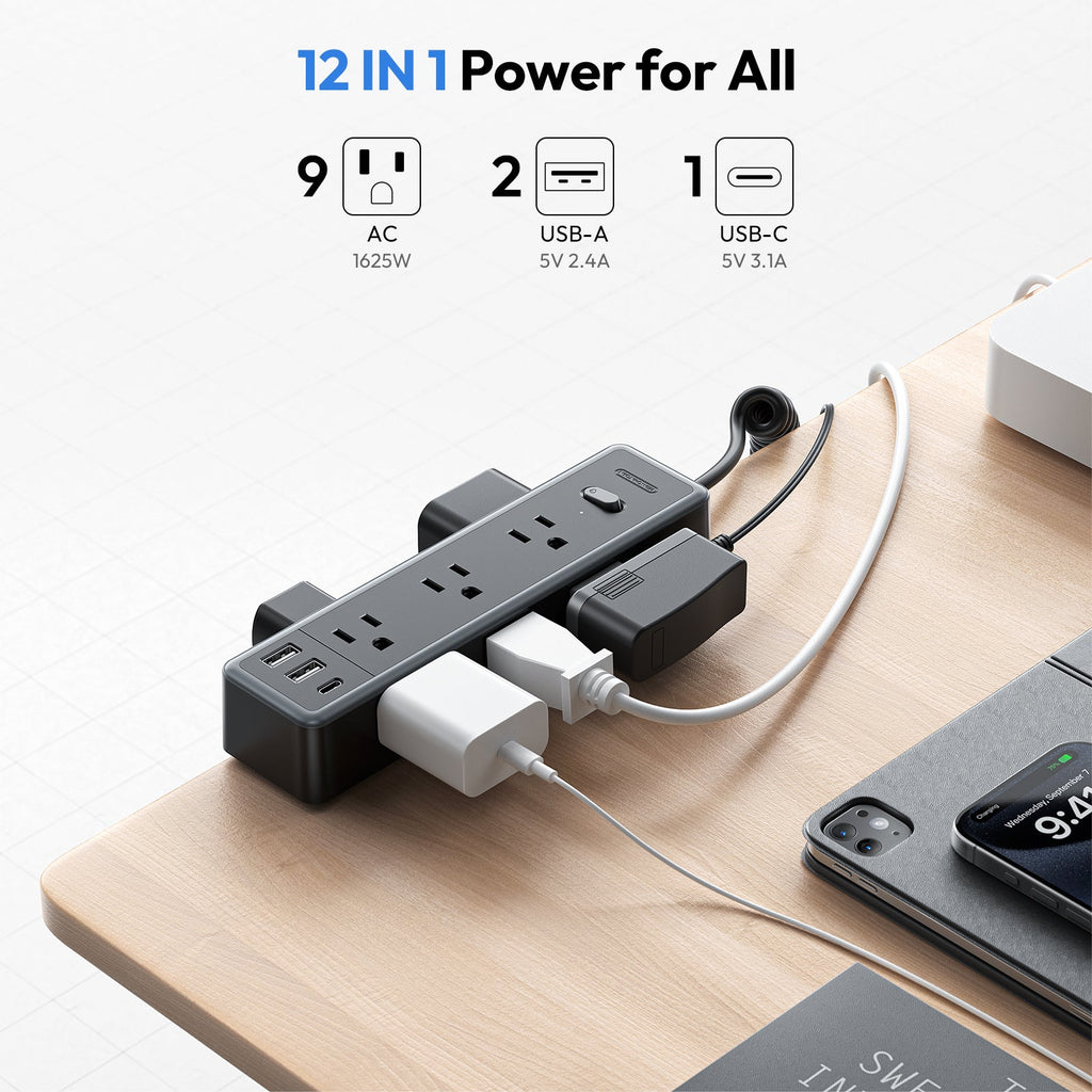 PowerNest Standing Desk Power Strip 9 Outlets 2 USB-A 1 USB-C