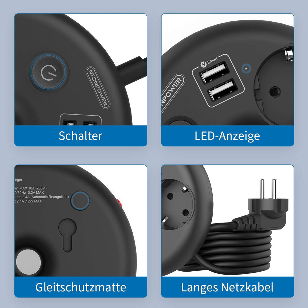 PowerNest EUPower Strip 3 Outlets 2 USB-A