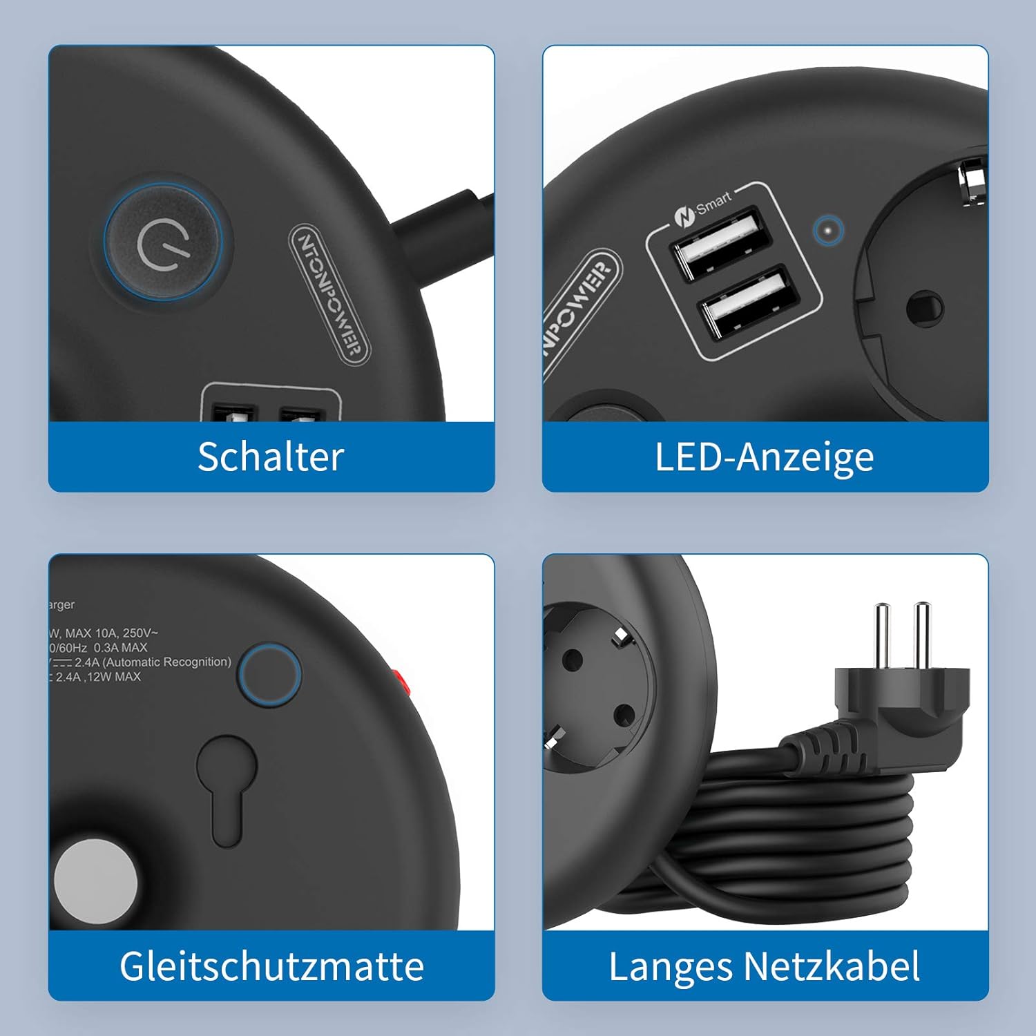 PowerNest EUPower Strip 3 Outlets 2 USB-A