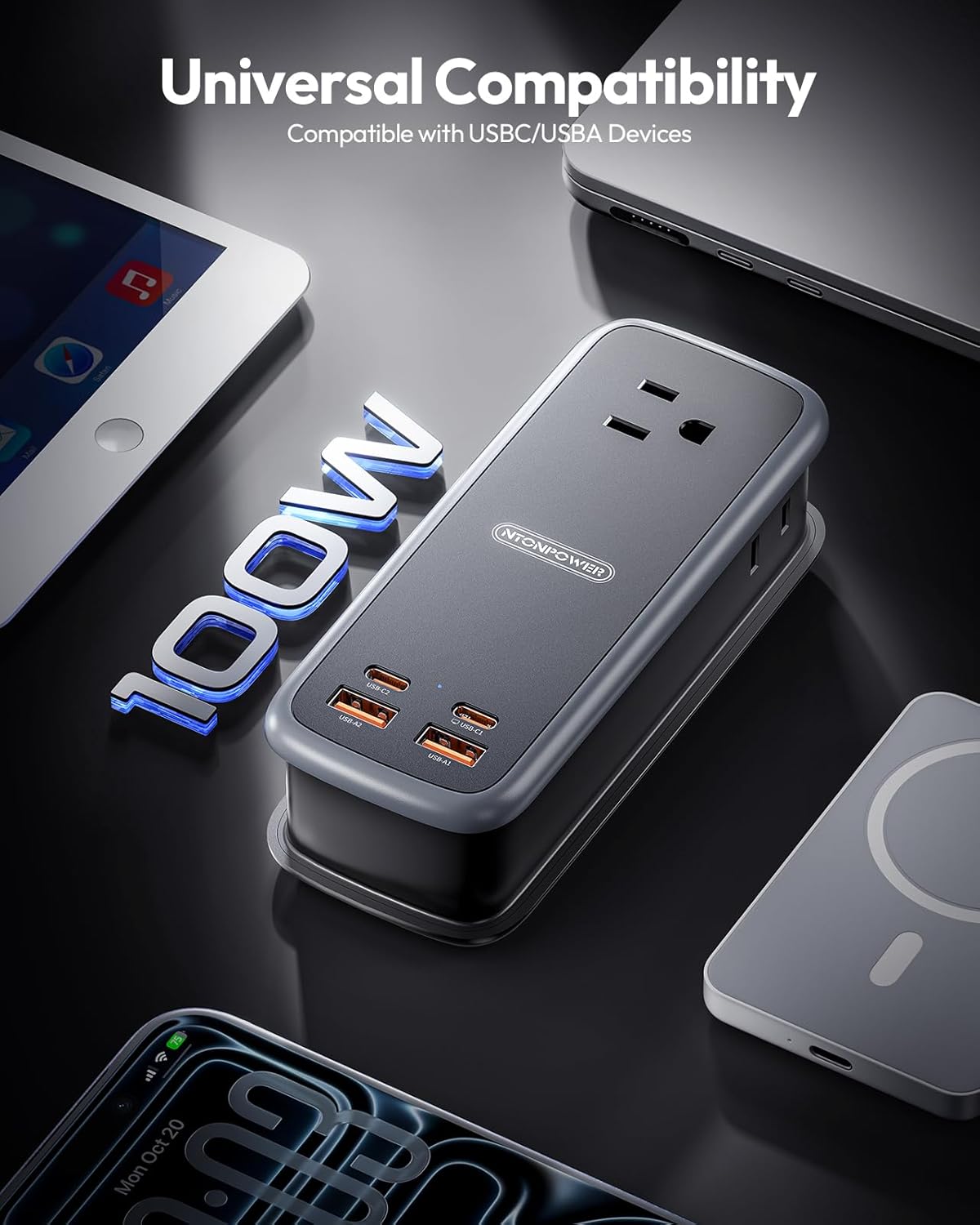 PowerNest GAN Ultra 100W USB  Power Strip, 3 Outlets 2 USB-A 2 USB-C