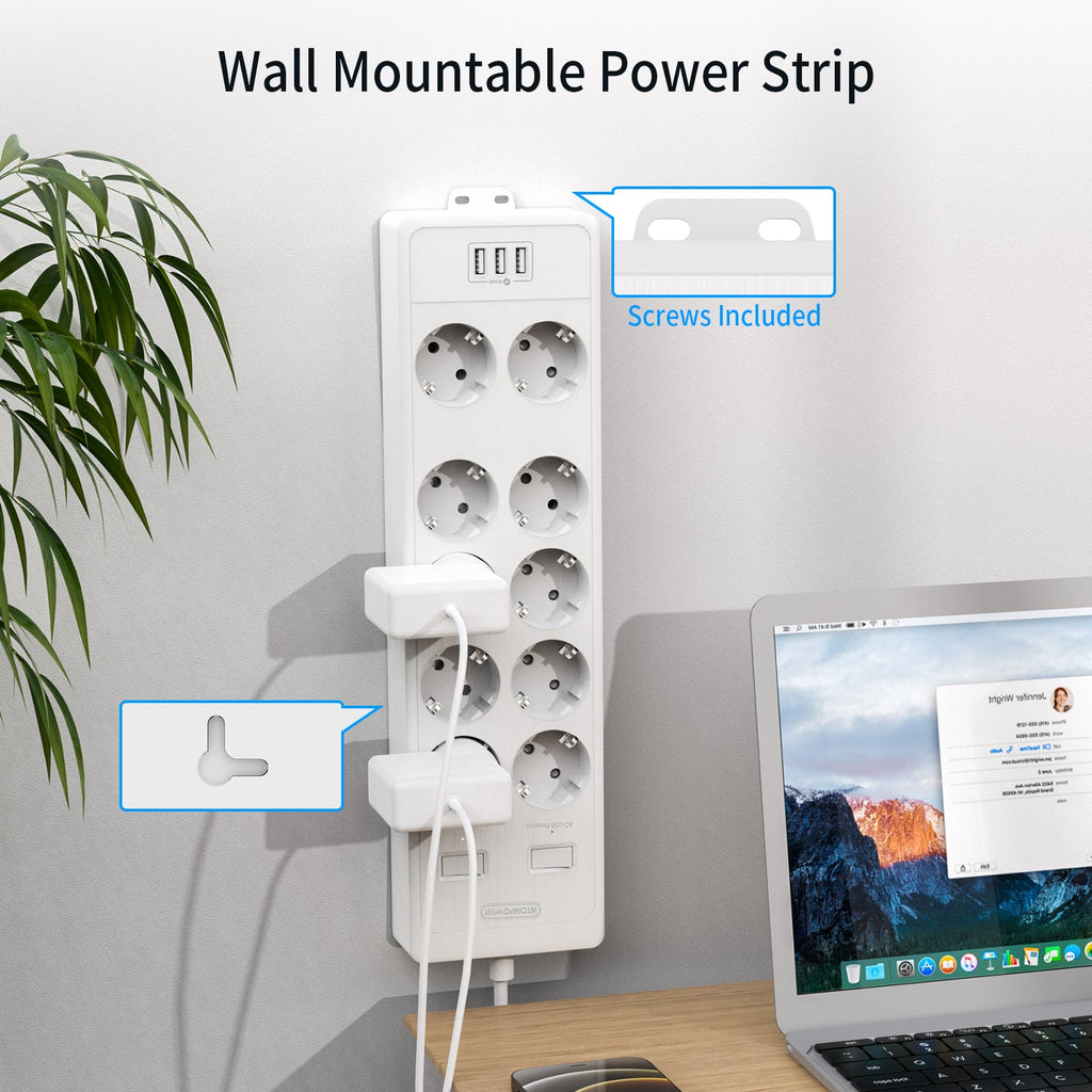 PowerNest EU Surge Protection Power Strip 10 Outlets 3 USB-A
