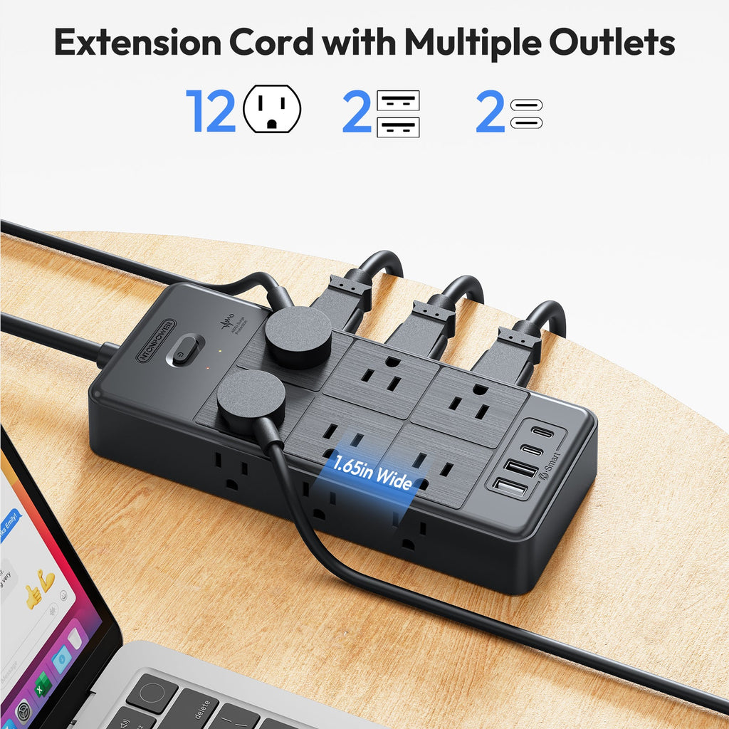 PowerNest Surge Protector Power Strip 12 Outlets 2 USB-A 2-USB C