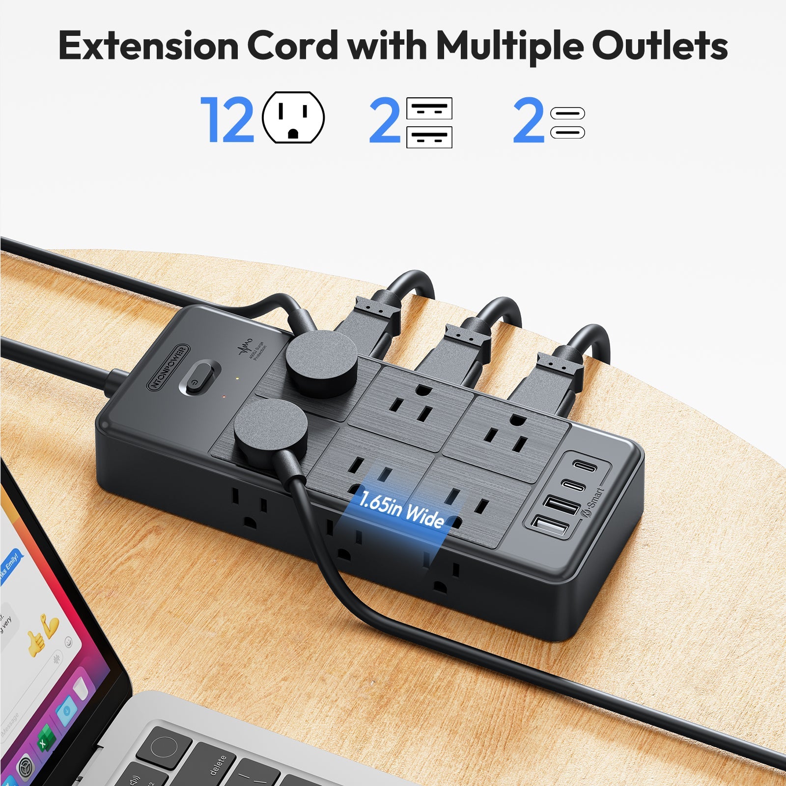 PowerNest Surge Protector Power Strip 12 Outlets 2 USB-A 2-USB C