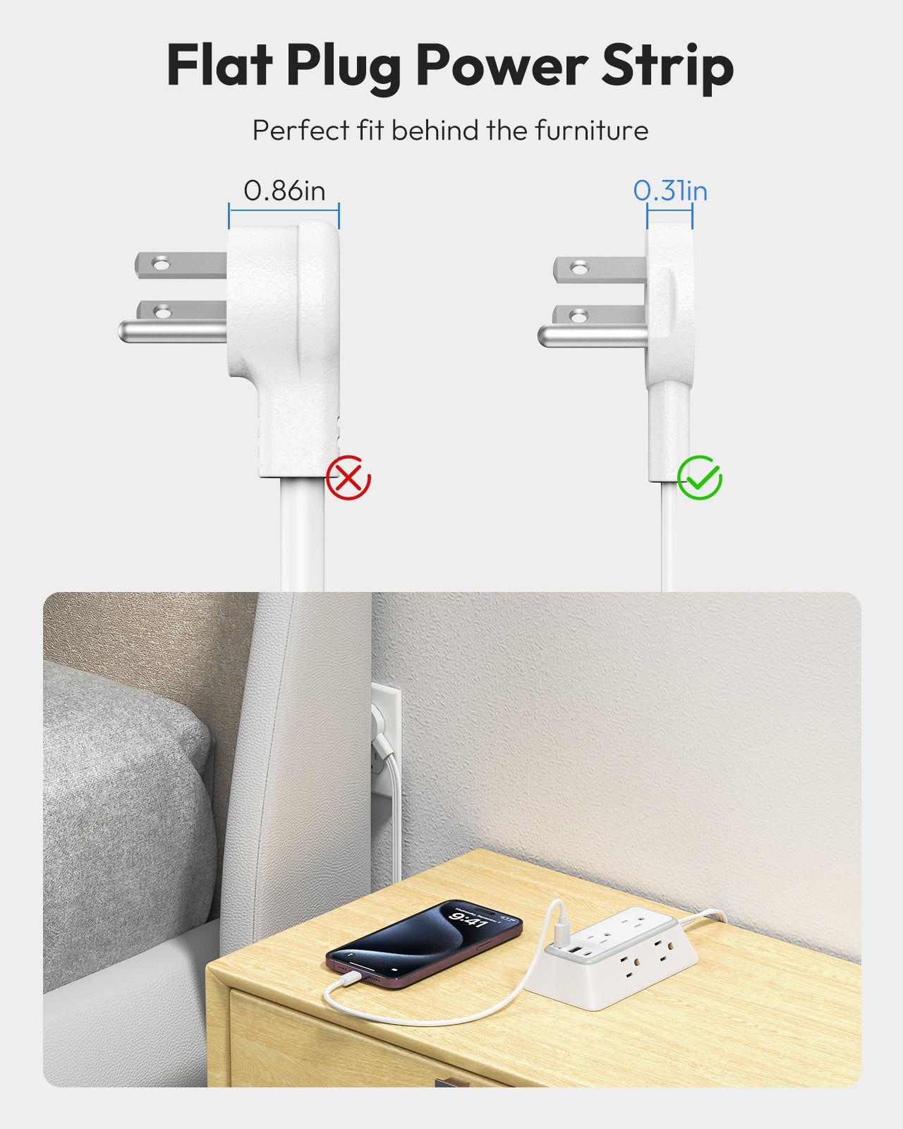 PowerNest 3-Sided Power Strip 6 Outlets 2 USB-A 1 USB-C