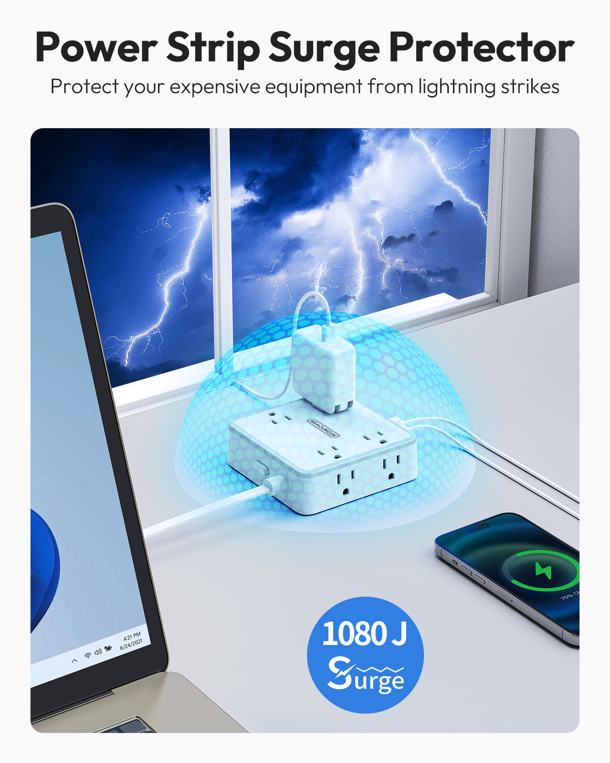 PowerNest Widecube Power Strip 8 Outlets 2 USB-A 1 USB-C