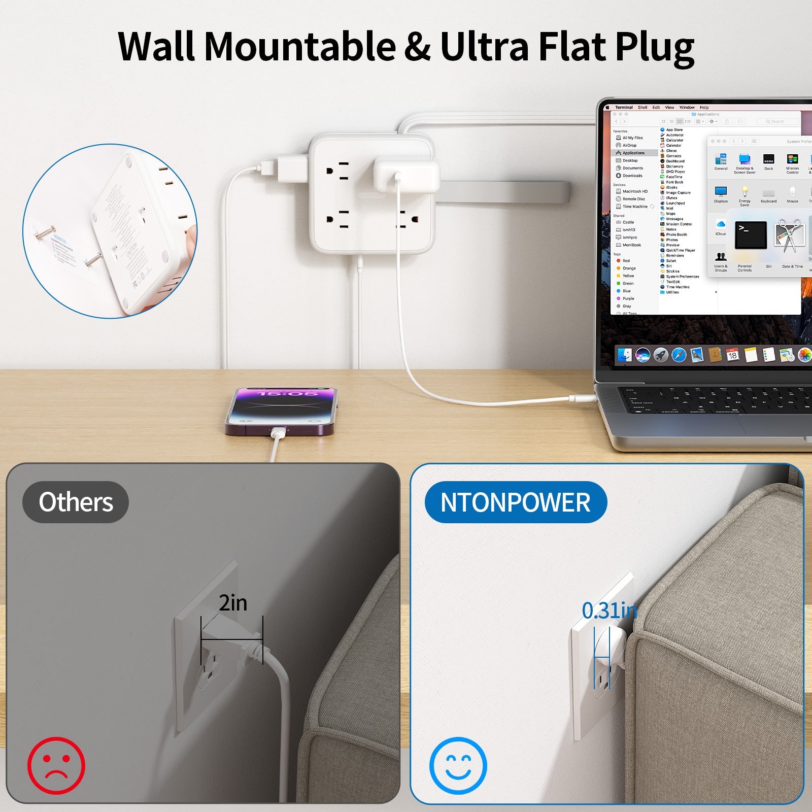 PowerNest Power Cube 8 Outlets 3 USB Ports Flat Cord