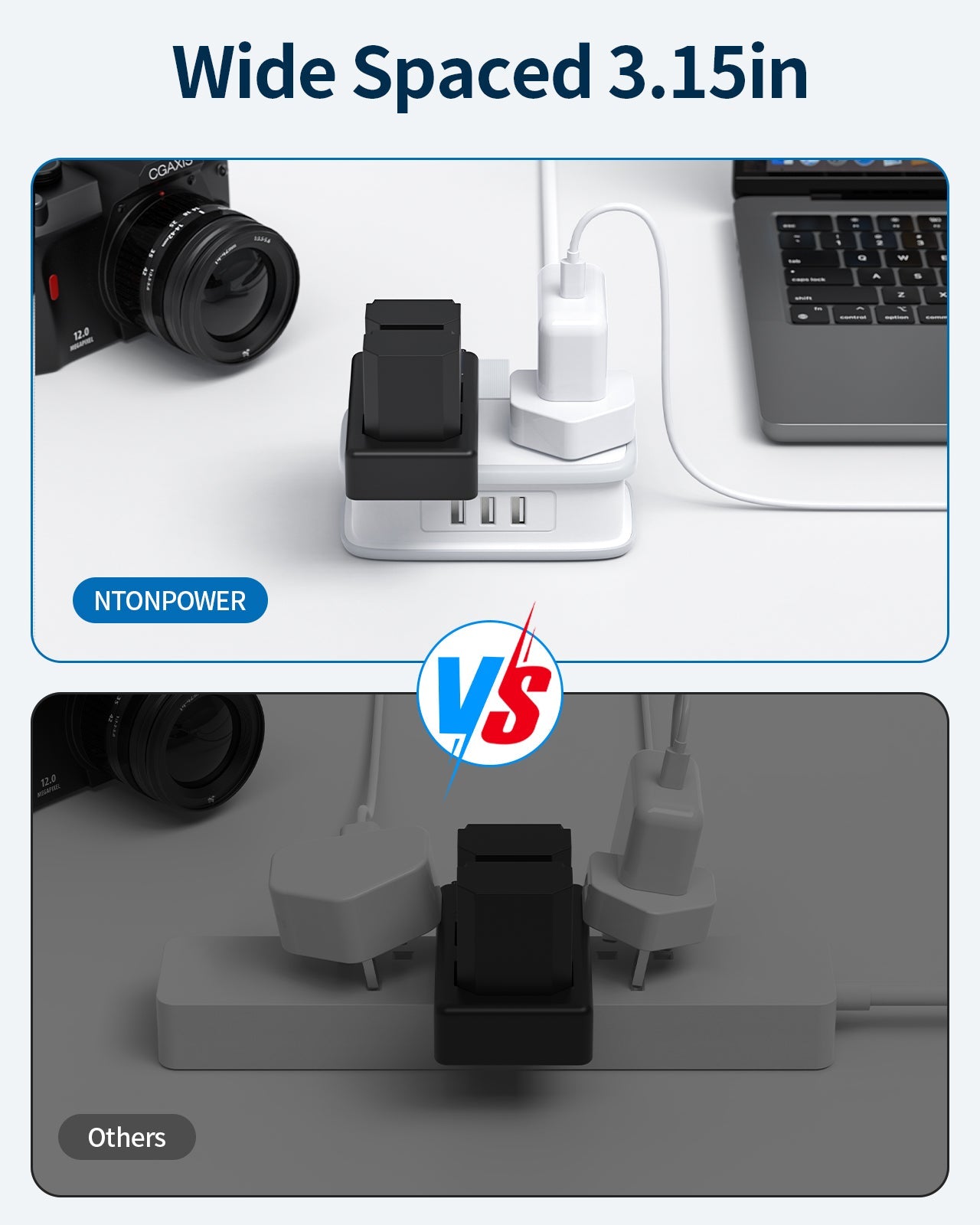 PowerNest UK Pocket Power Strip 2 Outlets 3 USB Travel & Cruise