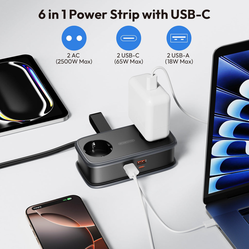 PowerNest EU Pocket Power Strip 2 Outlets 2 USB-A 2 USB-C 65W GaN