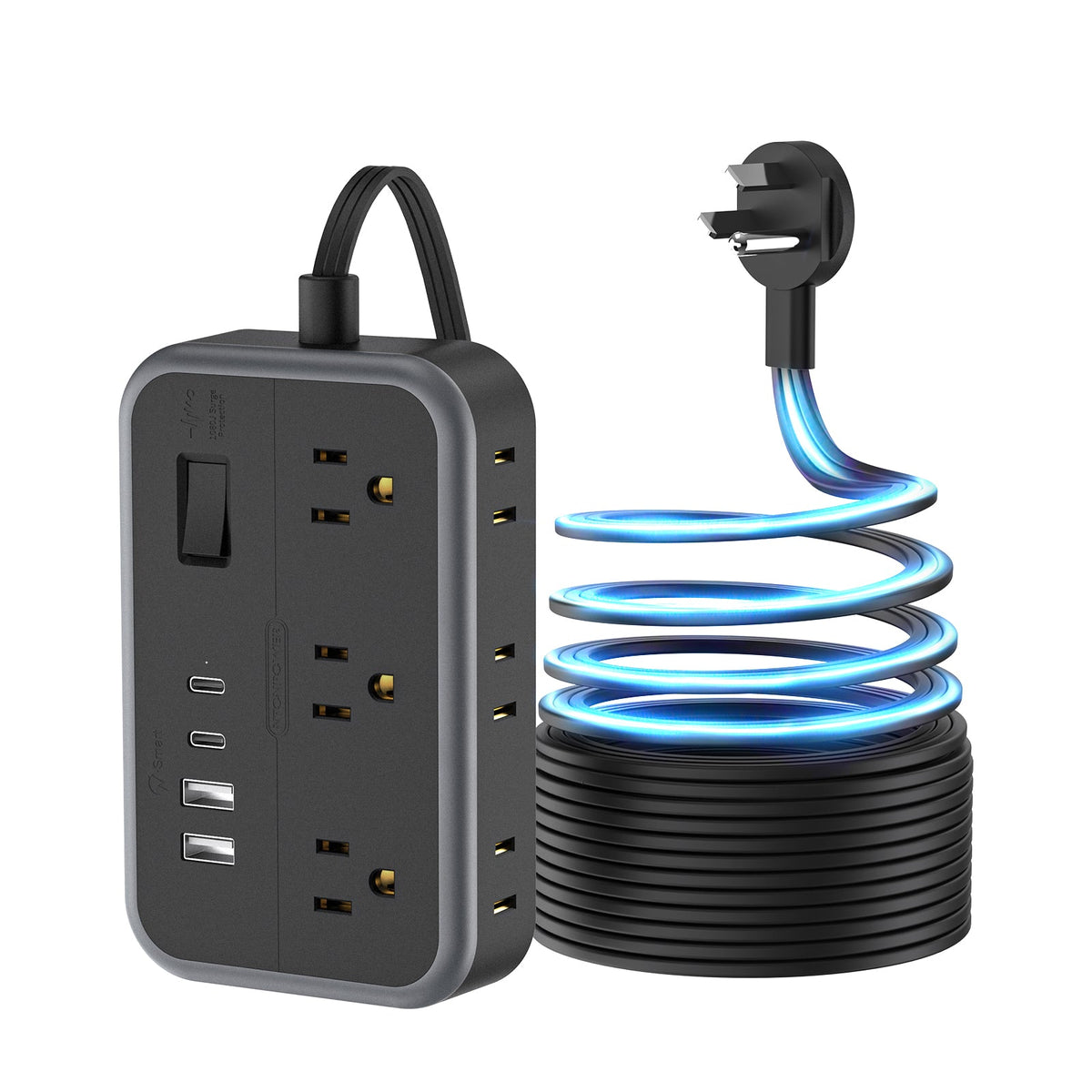 PowerNest New Surge Basic Power Strip 6 Outlets 2 USB 2 TYPE-C Flat Cord