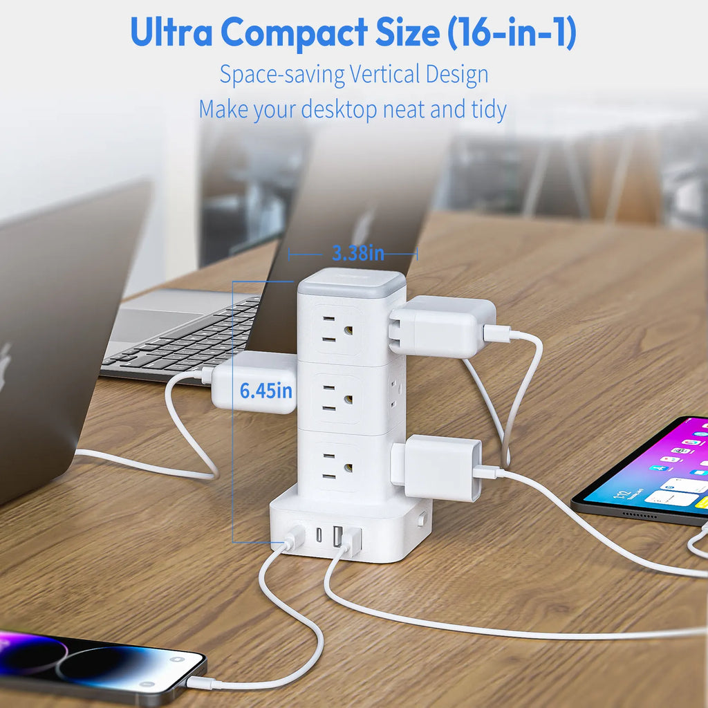 PowerNest New Surge Protector Power Strip Tower 12 Outlets 2 USB-A 2 USB-C