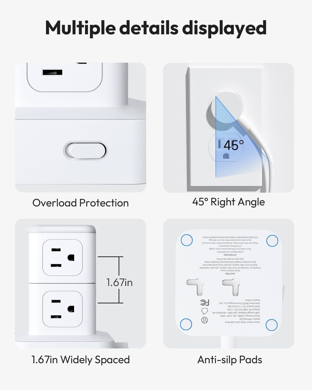 PowerNest New Surge Protector Power Strip Tower 8 Outlets 2 USB-A 2 USB-C