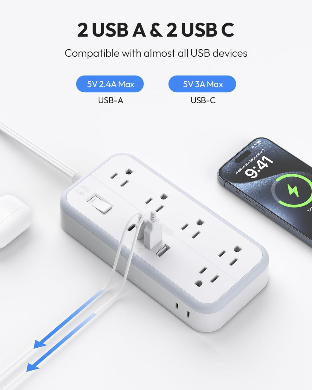 PowerNest 2700J Surge Protector 10 Outlets 4 USB Ports (2 USB C) Power Strip
