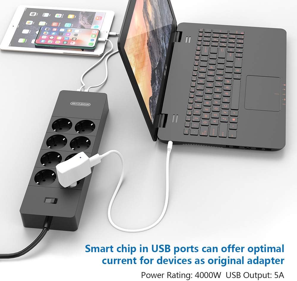 PowerNest EU Surge Protection Power Strip 8 Outlets 5 USB-A