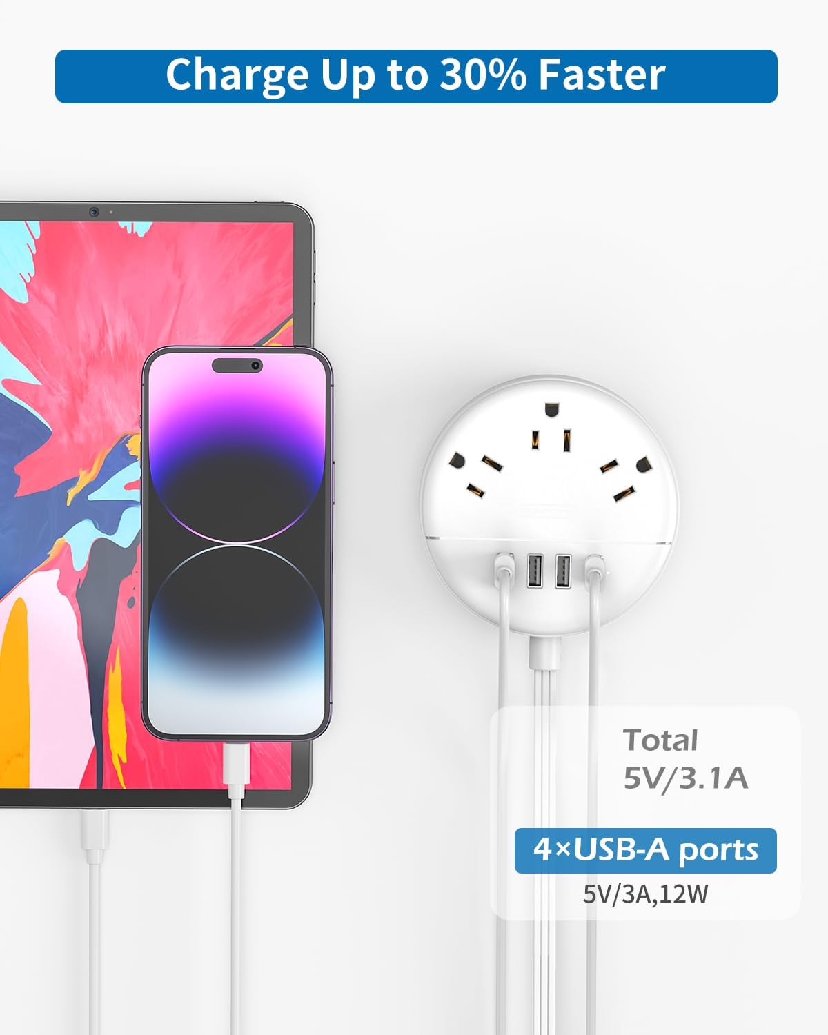 PowerNest New Dot Flat Cord Power Strip 3 Outlets 4 USB Ports