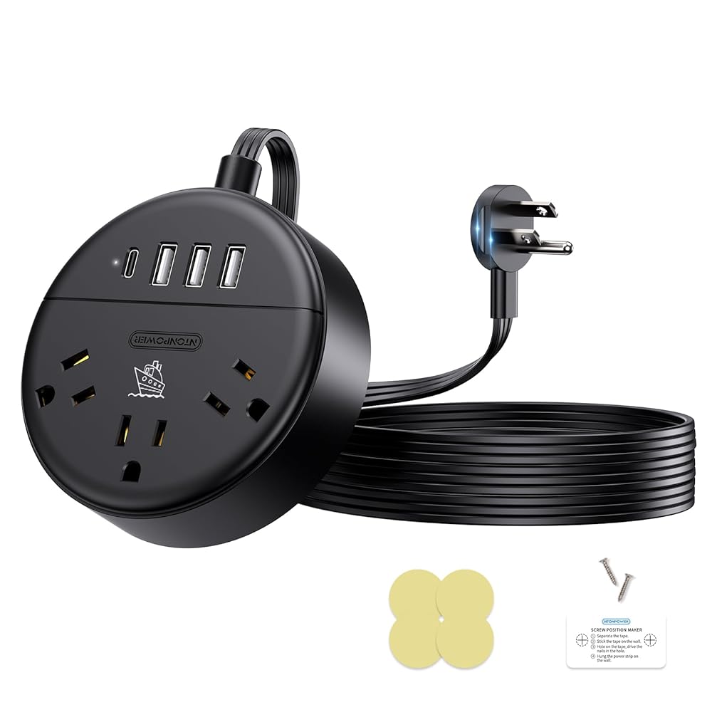 PowerNest New Dot Flat Cord Power Strip 3 Outlets 4 USB Ports