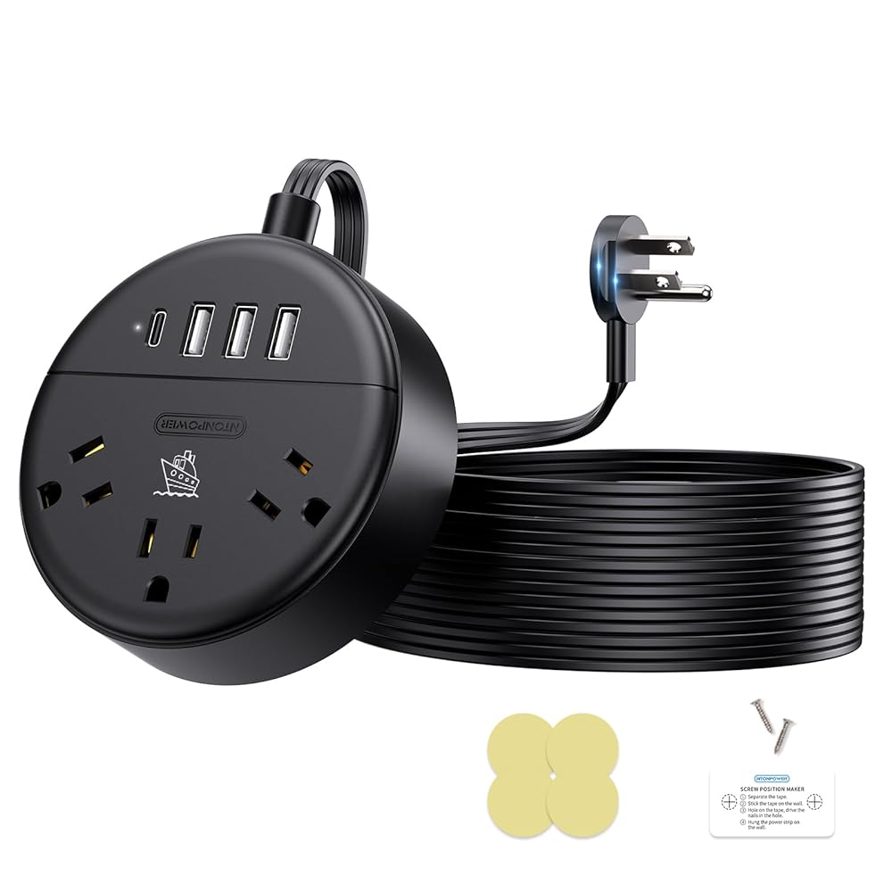 PowerNest New Dot Flat Cord Power Strip 3 Outlets 4 USB Ports