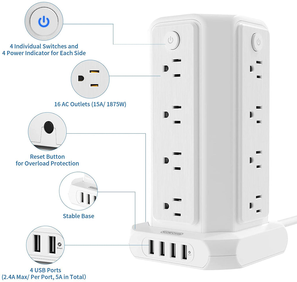 PowerNest Surge Protector Power Strip Tower 16 Outlets 4 USB 1080J