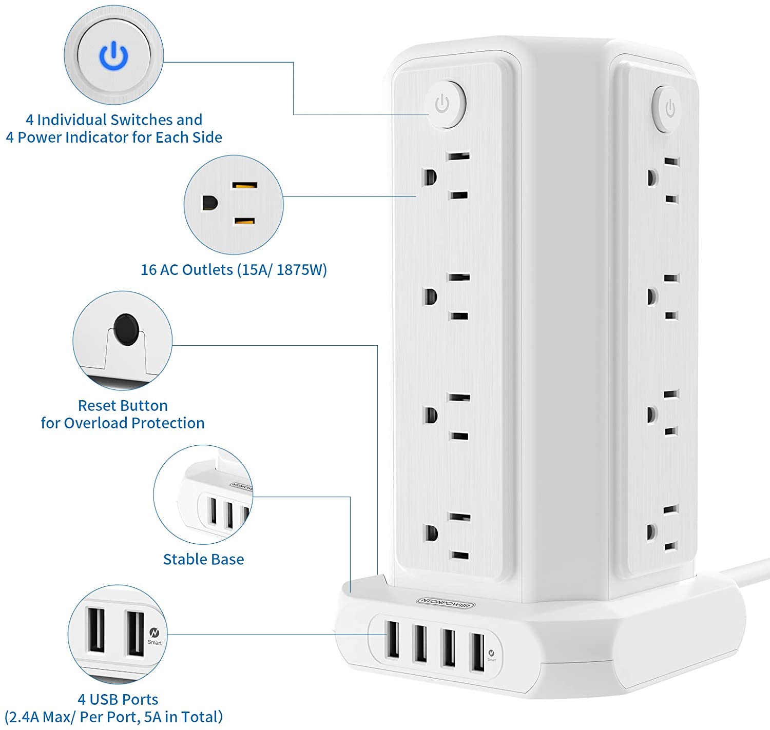 PowerNest Surge Protector Power Strip Tower 16 Outlets 4 USB 1080J