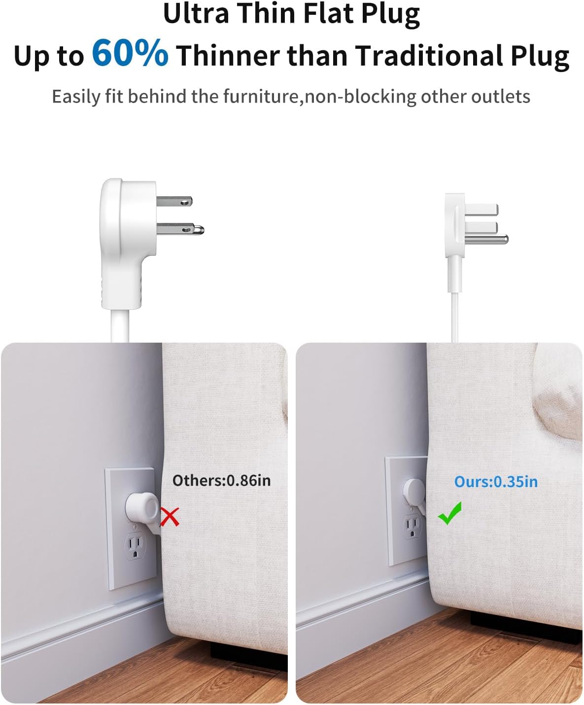 PowerNest New Dot Flat Cord Power Strip 3 Outlets 4 USB Ports