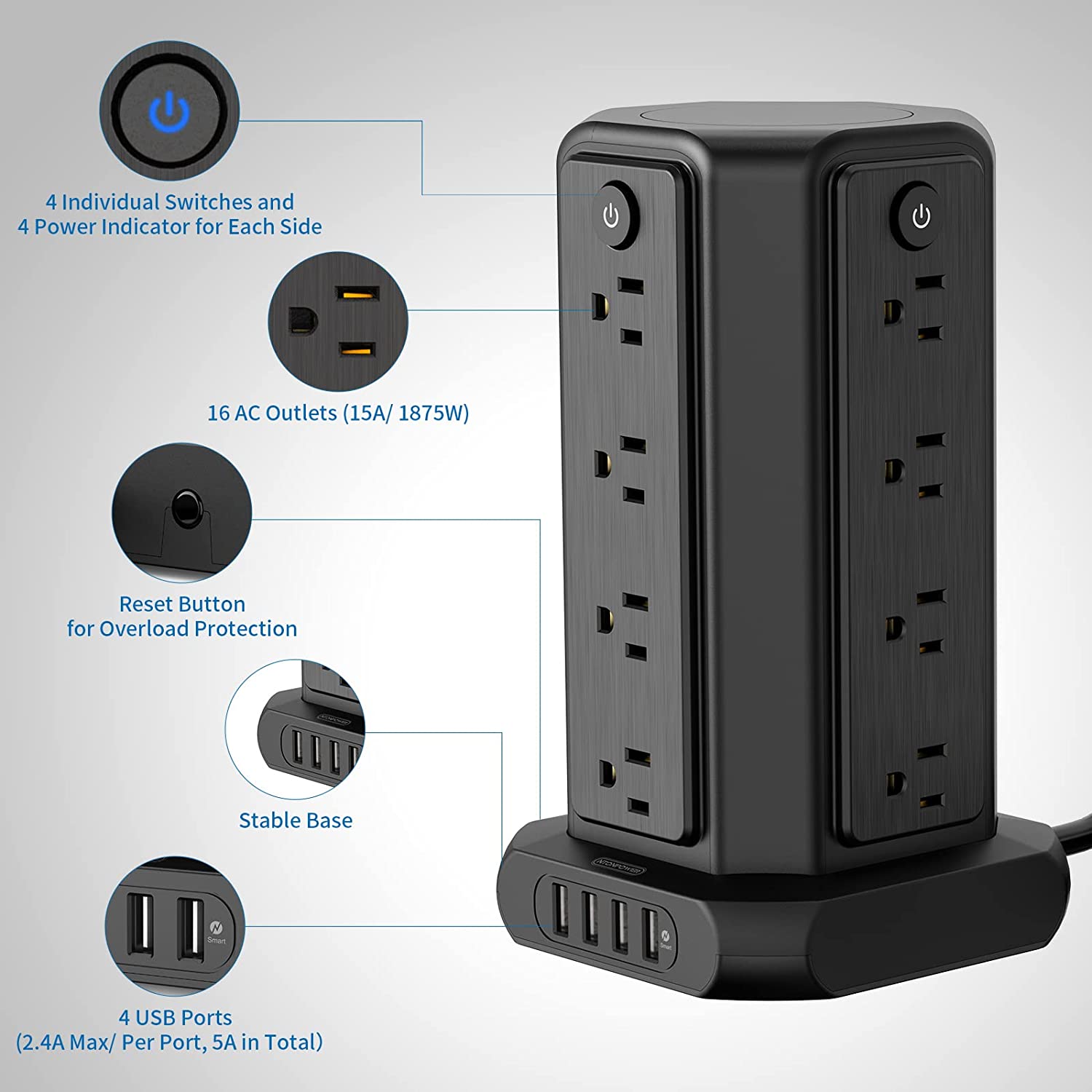 PowerNest Surge Protector Power Strip Tower 16 Outlets 4 USB 1080J