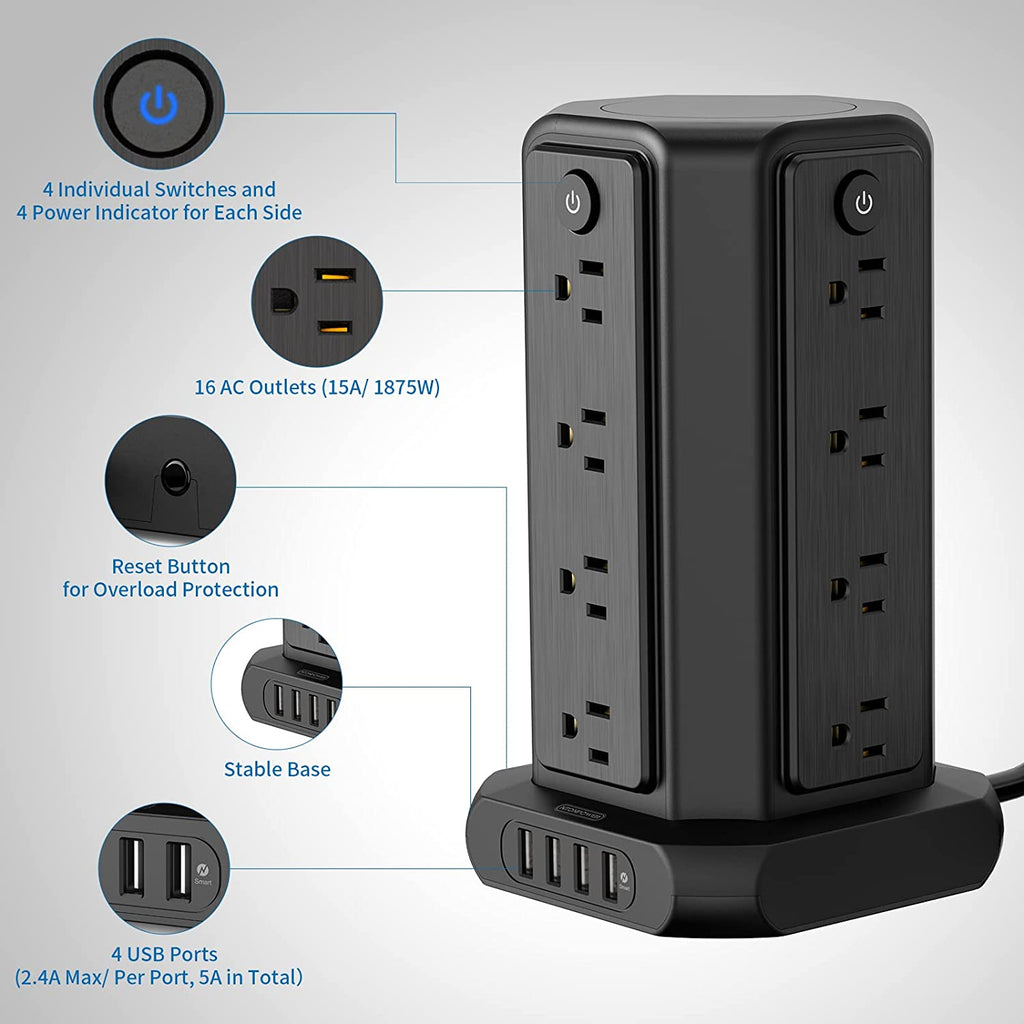 PowerNest Surge Protector Power Strip Tower 16 Outlets 4 USB 1080J