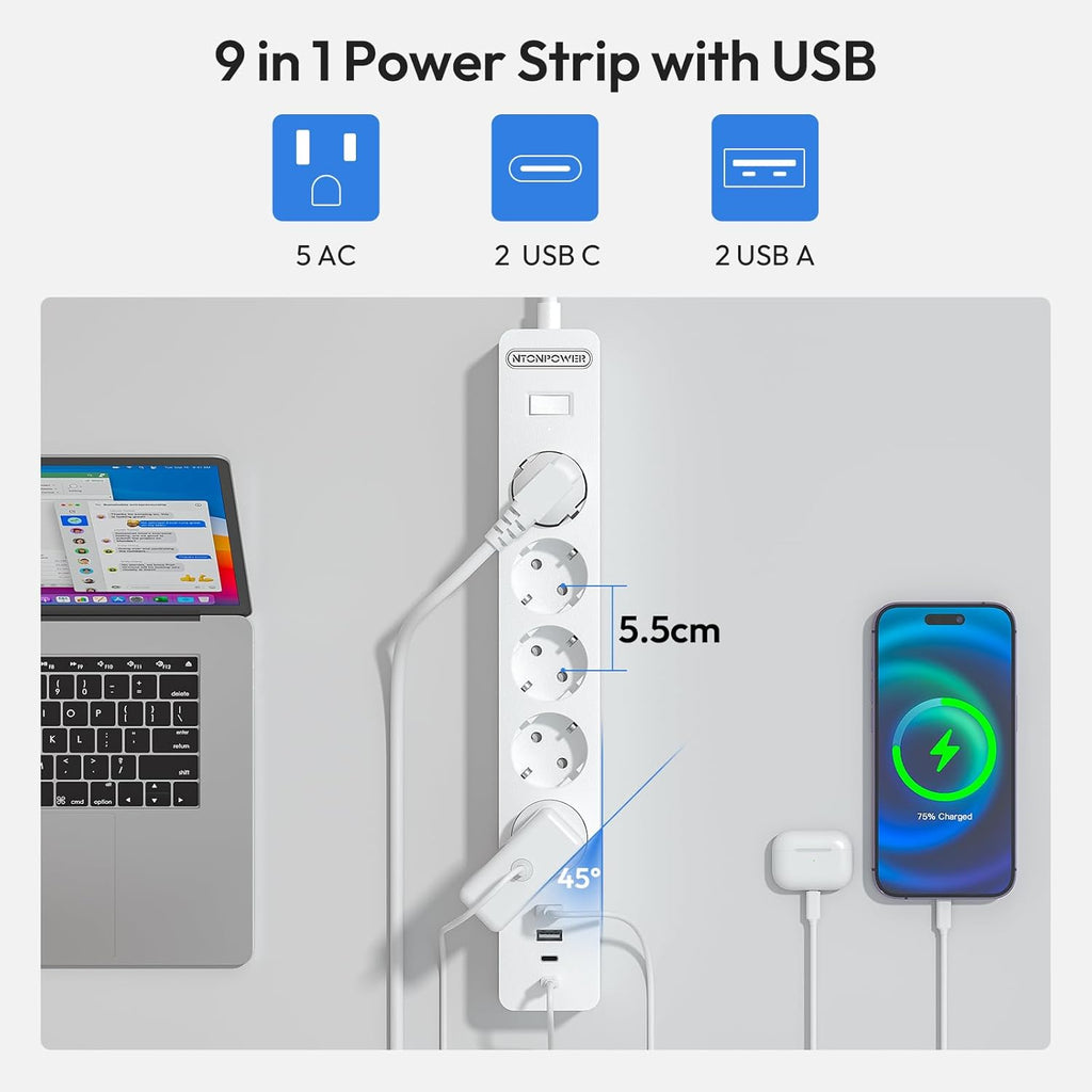 PowerNest EU Power Strip 5 Socket 2-USB-A 2-USB-C Overvoltage Protection