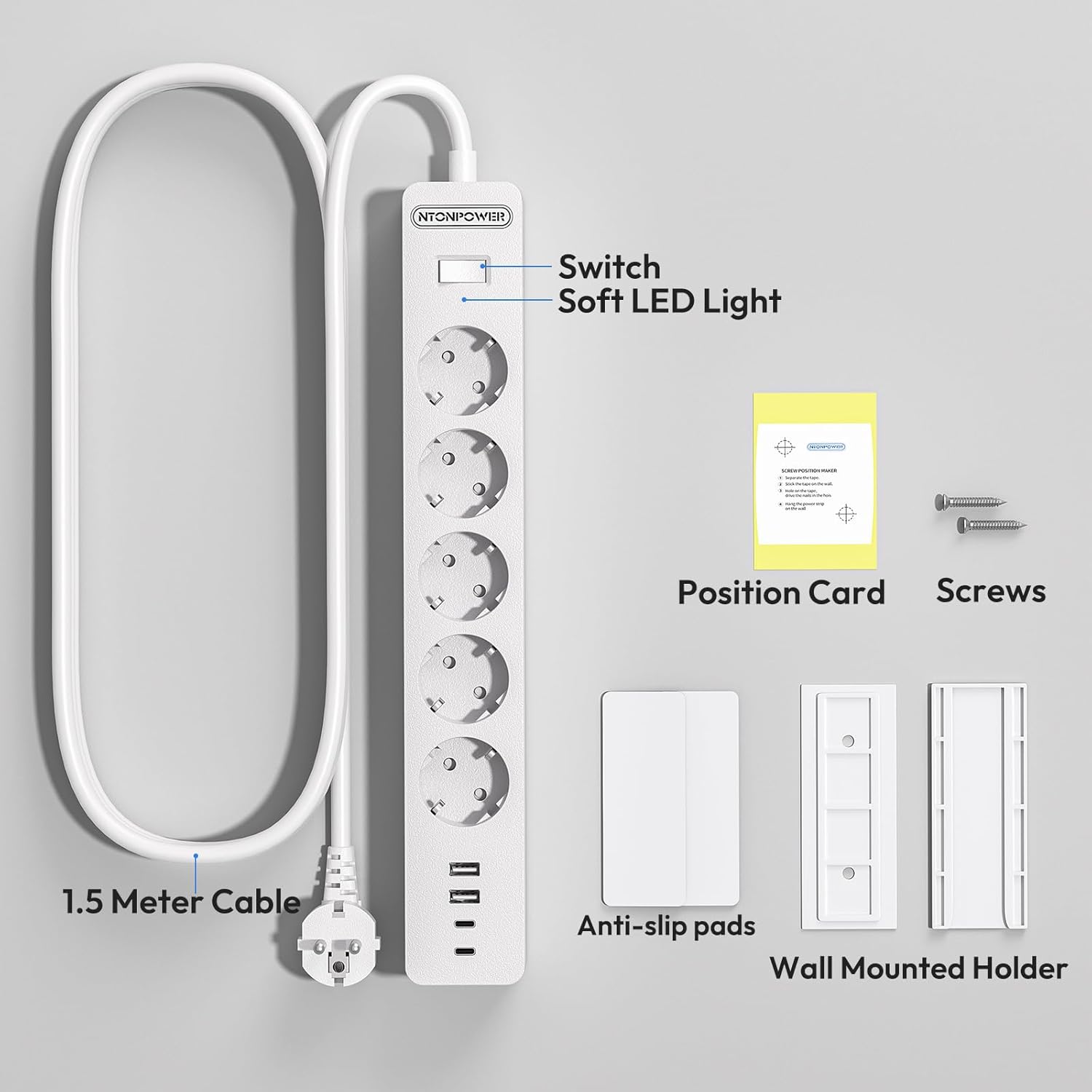 PowerNest EU Power Strip 5 Socket 2-USB-A 2-USB-C Overvoltage Protection
