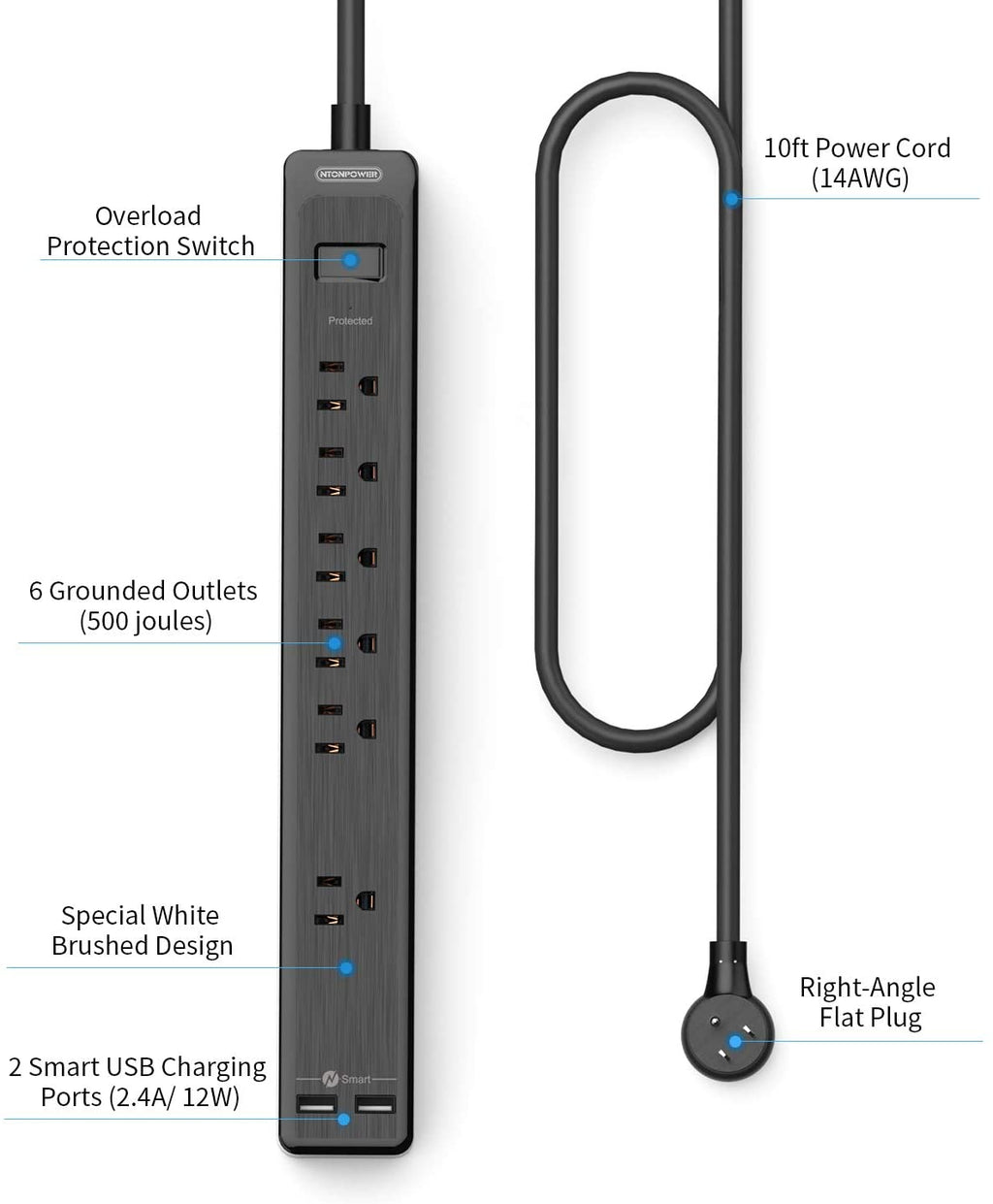 PowerNest Surge Protector 6 Outlets  2 USB 500J