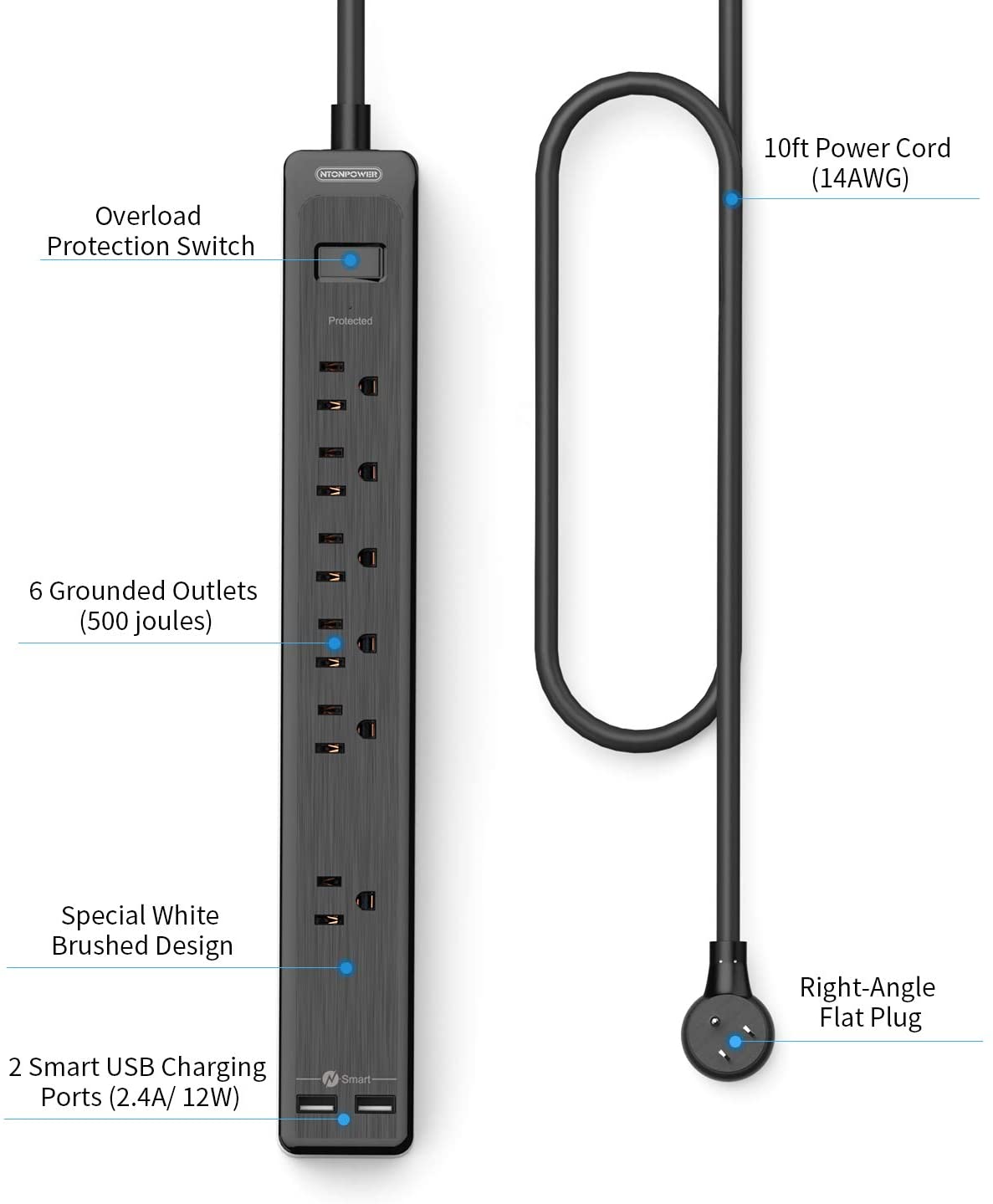 PowerNest Surge Protector 6 Outlets  2 USB 500J