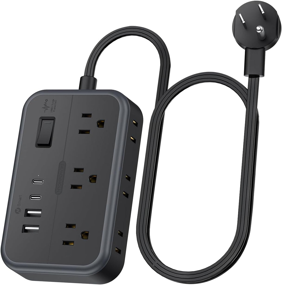 PowerNest New Surge Basic Power Strip 6 Outlets 2 USB 2 TYPE-C Flat Cord