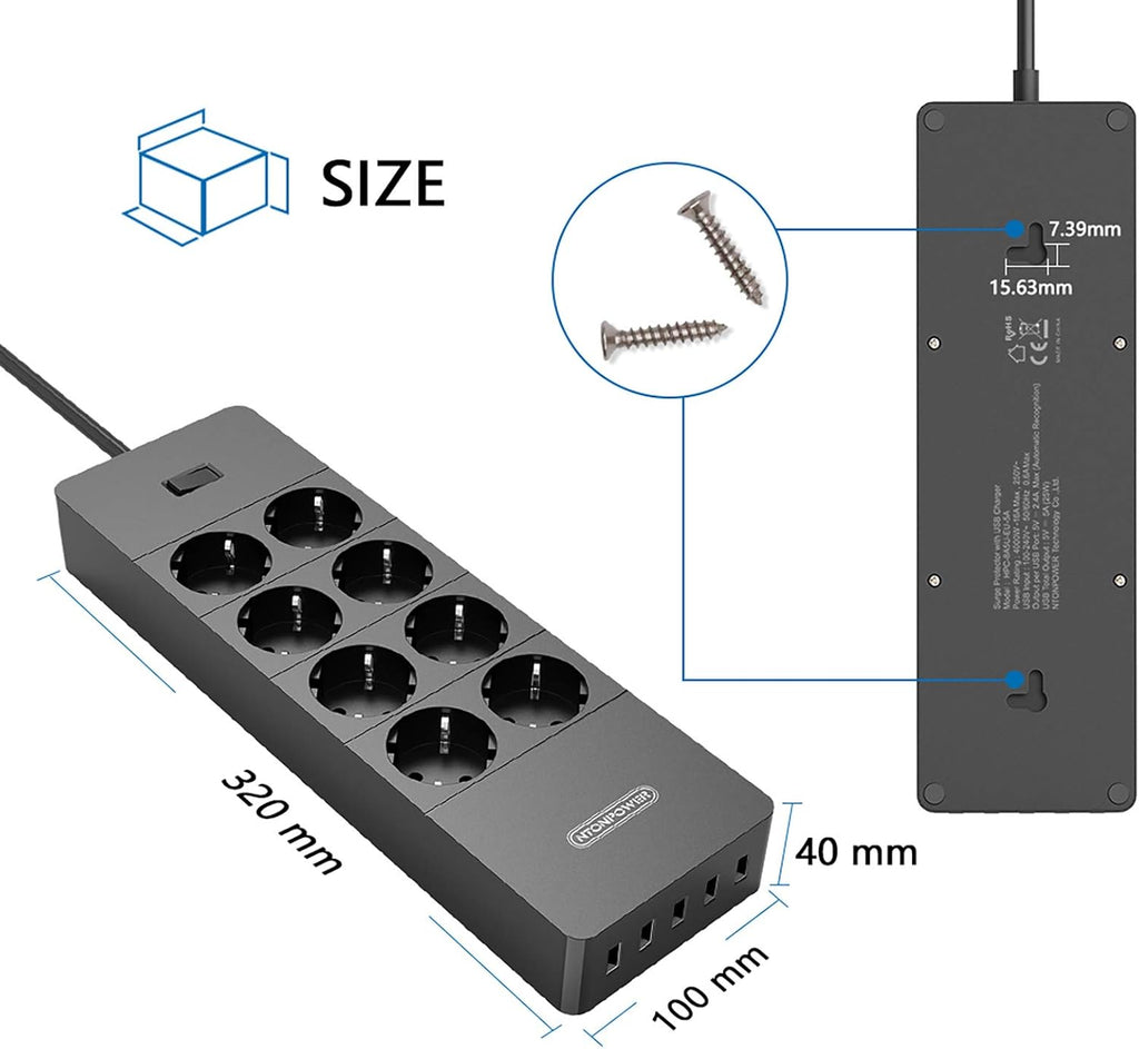 PowerNest EU Surge Protection Power Strip 8 Outlets 5 USB-A