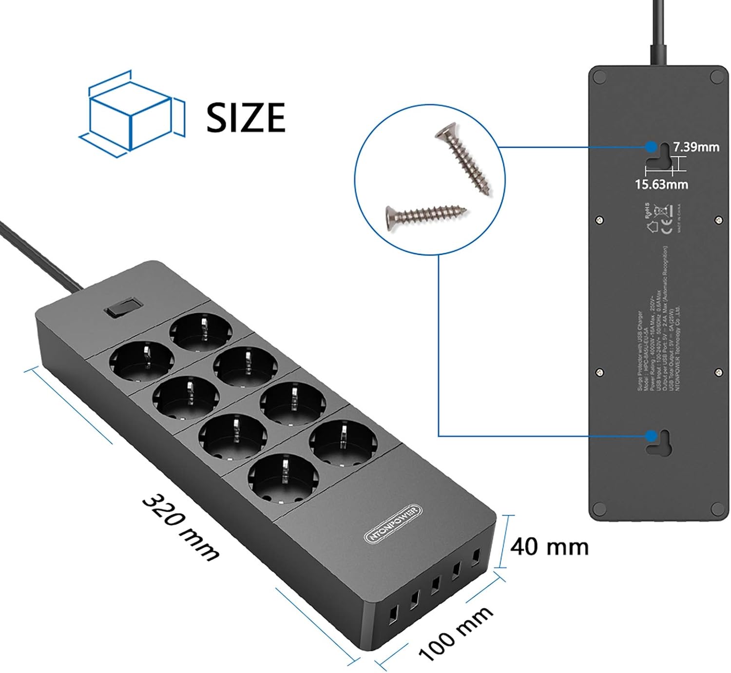 PowerNest EU Surge Protection Power Strip 8 Outlets 5 USB-A