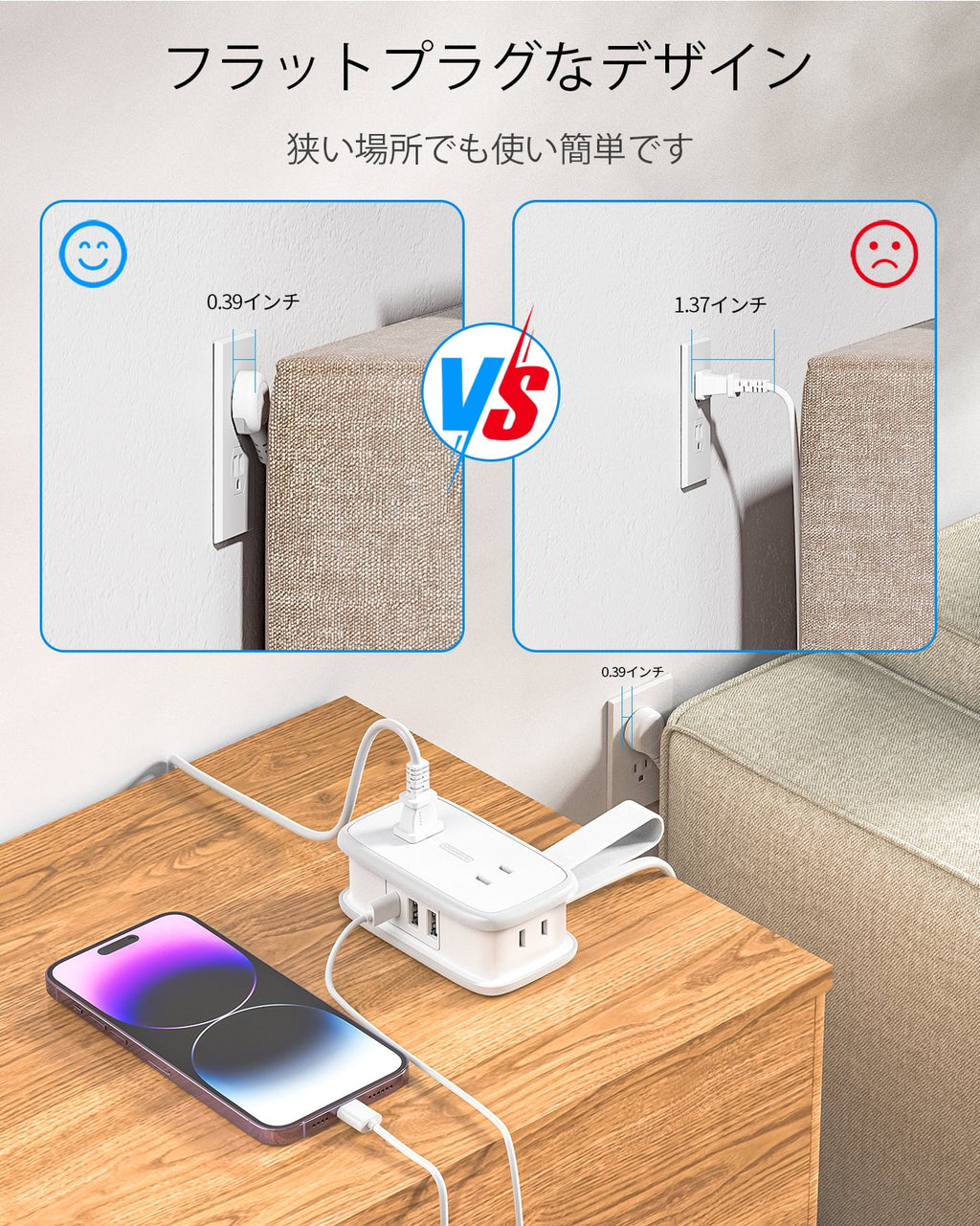 PowerNest New JP Pocket Power Strip 4 Outlets 2 USB-A 1 USB-C