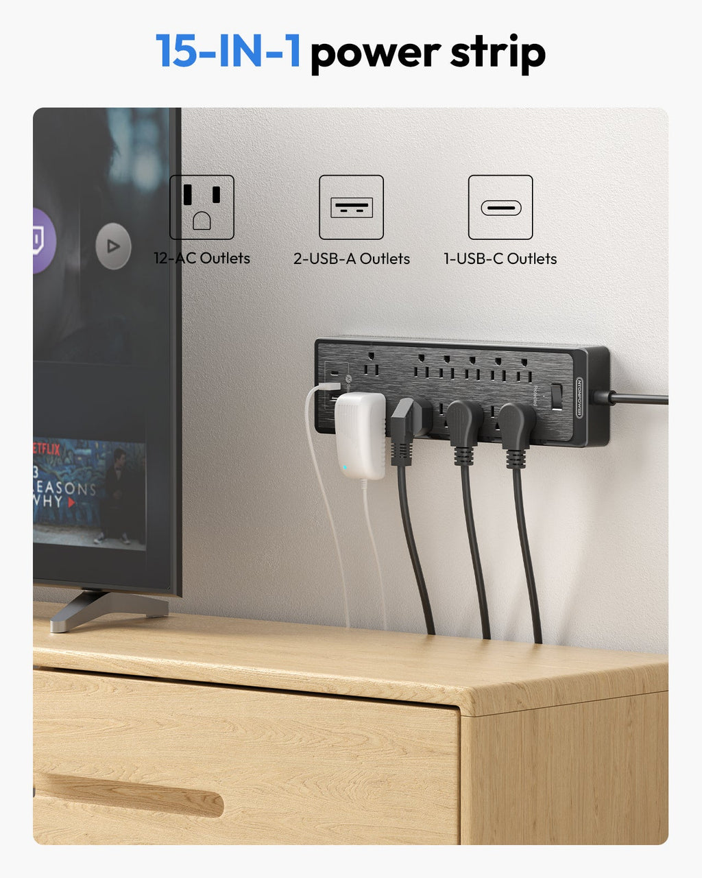 PowerNest Surge Protector Power Strip 12 Outlets 2 USB-A 1-USB C（SKU: LS-12A3U-US-BK-4.6M,  ASIN: B08CKBHCLD, GTIN：6954301173823）